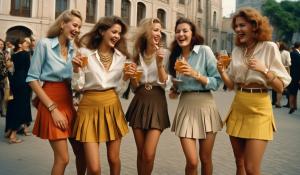 A group of stylish secretaries with slightly unbuttoned blouses, miniskirts and lots of jewelry are standing together laughing and having a good time, some are drinking alcohol, others are dancing. Some are cuddling. They have different hair colors and are very cheerful. They are having a party, miniskirt, pleated skirt