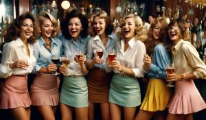 A group of stylish secretaries with slightly unbuttoned blouses, miniskirts and lots of jewelry are standing together laughing and having a good time, some are drinking alcohol, others are dancing. Some are cuddling. They have different hair colors and are very cheerful. They are having a party, miniskirt, pleated skirt