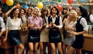 A group of stylish secretaries with slightly unbuttoned blouses, miniskirts and lots of jewelry are standing together laughing and having a good time, some are drinking alcohol, others are dancing. Some are cuddling. They have different hair colors and are very cheerful. They are having a party, miniskirt, pleated skirt