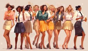 A group of stylish secretaries with slightly unbuttoned blouses, miniskirts and lots of jewelry are standing together laughing and having a good time, some are drinking alcohol, others are dancing. Some are cuddling. They have different hair colors and are very cheerful, miniskirt, pleated skirt