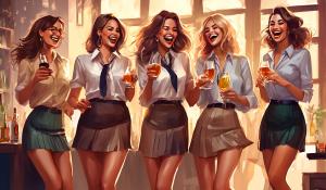 A group of stylish secretaries with slightly unbuttoned blouses, miniskirts and lots of jewelry are standing together laughing and having a good time, some are drinking alcohol, others are dancing. Some are cuddling. They have different hair colors and are very cheerful, miniskirt, pleated skirt