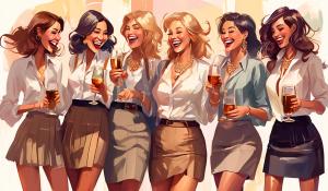 A group of stylish secretaries with slightly unbuttoned blouses, miniskirts and lots of jewelry are standing together laughing and having a good time, some are drinking alcohol, others are dancing. Some are cuddling. They have different hair colors and are very cheerful, miniskirt, pleated skirt