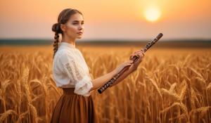  A woman stands on a farm, wearing a white blouse with delicate lace detailing. She has  two pigtails, holding a wooden flute in her hands. On a golden-orange autumn evening, out in the fields, whose brown, golden grain is about to be harvested., 1girl, twin braids,(masterpiece:1.3), (best quality:1.3), official art, Super Detailed, High Detail, Soft Lighting, 8K, High Resolution, High Detail Skin, Perfect Skin, RAM Photo, Real Photo,