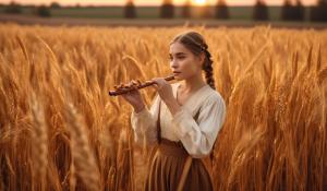  A woman stands on a farm, wearing a white blouse with delicate lace detailing. She has  two pigtails, holding a wooden flute in her hands. On a golden-orange autumn evening, out in the fields, whose brown, golden grain is about to be harvested., 1girl, twin braids,(masterpiece:1.3), (best quality:1.3), official art, Super Detailed, High Detail, Soft Lighting, 8K, High Resolution, High Detail Skin, Perfect Skin, RAM Photo, Real Photo,