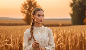  A woman stands on a farm, wearing a white blouse with delicate lace detailing. She has  two pigtails, holding a wooden flute in her hands. On a golden-orange autumn evening, out in the fields, whose brown, golden grain is about to be harvested., 1girl, twin braids,(masterpiece:1.3), (best quality:1.3), official art, Super Detailed, High Detail, Soft Lighting, 8K, High Resolution, High Detail Skin, Perfect Skin, RAM Photo, Real Photo,