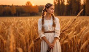  A woman stands on a farm, wearing a white blouse with delicate lace detailing. She has  two pigtails, holding a wooden flute in her hands. On a golden-orange autumn evening, out in the fields, whose brown, golden grain is about to be harvested., 1girl, twin braids,(masterpiece:1.3), (best quality:1.3), official art, Super Detailed, High Detail, Soft Lighting, 8K, High Resolution, High Detail Skin, Perfect Skin, RAM Photo, Real Photo,