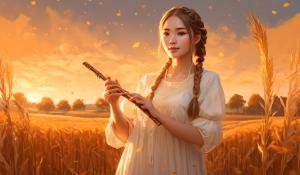  A woman stands on a farm, wearing a white blouse with delicate lace detailing. She has  two pigtails, holding a wooden flute in her hands. On a golden-orange autumn evening, out in the fields, whose brown, golden grain is about to be harvested., 1girl, twin braids,(masterpiece:1.3), (best quality:1.3), official art, Super Detailed, High Detail, Soft Lighting, 8K, High Resolution, High Detail Skin, Perfect Skin, RAM Photo, Real Photo,