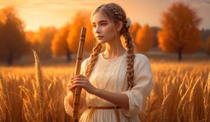  A woman stands on a farm, wearing a white blouse with delicate lace detailing. She has  two pigtails, holding a wooden flute in her hands. On a golden-orange autumn evening, out in the fields, whose brown, golden grain is about to be harvested., 1girl, twin braids,(masterpiece:1.3), (best quality:1.3), official art, Super Detailed, High Detail, Soft Lighting, 8K, High Resolution, High Detail Skin, Perfect Skin, RAM Photo, Real Photo,