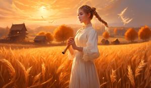  A woman stands on a farm, wearing a white blouse with delicate lace detailing. She has  two pigtails, holding a wooden flute in her hands. On a golden-orange autumn evening, out in the fields, whose brown, golden grain is about to be harvested., 1girl, twin braids,(masterpiece:1.3), (best quality:1.3), official art, Super Detailed, High Detail, Soft Lighting, 8K, High Resolution, High Detail Skin, Perfect Skin, RAM Photo, Real Photo,