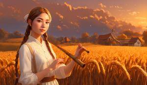  A woman stands on a farm, wearing a white blouse with delicate lace detailing. She has  two pigtails, holding a wooden flute in her hands. On a golden-orange autumn evening, out in the fields, whose brown, golden grain is about to be harvested., 1girl, twin braids,(masterpiece:1.3), (best quality:1.3), official art, Super Detailed, High Detail, Soft Lighting, 8K, High Resolution, High Detail Skin, Perfect Skin, RAM Photo, Real Photo,