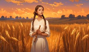  A woman stands on a farm, wearing a white blouse with delicate lace detailing. She has  two pigtails, holding a wooden flute in her hands. On a golden-orange autumn evening, out in the fields, whose brown, golden grain is about to be harvested., 1girl, twin braids,(masterpiece:1.3), (best quality:1.3), official art, Super Detailed, High Detail, Soft Lighting, 8K, High Resolution, High Detail Skin, Perfect Skin, RAM Photo, Real Photo,