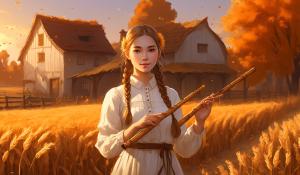  A woman stands on a farm, wearing a white blouse with delicate lace detailing. She has  two pigtails, holding a wooden flute in her hands. On a golden-orange autumn evening, out in the fields, whose brown, golden grain is about to be harvested., 1girl, twin braids,(masterpiece:1.3), (best quality:1.3), official art, Super Detailed, High Detail, Soft Lighting, 8K, High Resolution, High Detail Skin, Perfect Skin, RAM Photo, Real Photo,