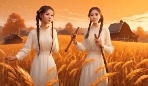  A woman stands on a farm, wearing a white blouse with delicate lace detailing. She has  two pigtails, holding a wooden flute in her hands. On a golden-orange autumn evening, out in the fields, whose brown, golden grain is about to be harvested., 1girl, twin braids,(masterpiece:1.3), (best quality:1.3), official art, Super Detailed, High Detail, Soft Lighting, 8K, High Resolution, High Detail Skin, Perfect Skin, RAM Photo, Real Photo,