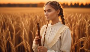  A woman stands on a farm, wearing a white blouse with delicate lace detailing. She has  two pigtails, holding a wooden flute in her hands. On a golden-orange autumn evening, out in the fields, whose brown, golden grain is about to be harvested., 1girl, twin braids,(masterpiece:1.3), (best quality:1.3), official art, Super Detailed, High Detail, Soft Lighting, 8K, High Resolution, High Detail Skin, Perfect Skin, RAM Photo, Real Photo,