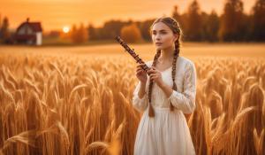  A woman stands on a farm, wearing a white blouse with delicate lace detailing. She has  two pigtails, holding a wooden flute in her hands. On a golden-orange autumn evening, out in the fields, whose brown, golden grain is about to be harvested., 1girl, twin braids,(masterpiece:1.3), (best quality:1.3), official art, Super Detailed, High Detail, Soft Lighting, 8K, High Resolution, High Detail Skin, Perfect Skin, RAM Photo, Real Photo,