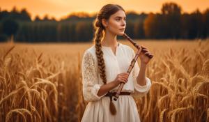  A woman stands on a farm, wearing a white blouse with delicate lace detailing. She has  two pigtails, holding a wooden flute in her hands. On a golden-orange autumn evening, out in the fields, whose brown, golden grain is about to be harvested., 1girl, twin braids,(masterpiece:1.3), (best quality:1.3), official art, Super Detailed, High Detail, Soft Lighting, 8K, High Resolution, High Detail Skin, Perfect Skin, RAM Photo, Real Photo,