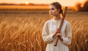  A woman stands on a farm, wearing a white blouse with delicate lace detailing. She has  two pigtails, holding a wooden flute in her hands. On a golden-orange autumn evening, out in the fields, whose brown, golden grain is about to be harvested., 1girl, twin braids,(masterpiece:1.3), (best quality:1.3), official art, Super Detailed, High Detail, Soft Lighting, 8K, High Resolution, High Detail Skin, Perfect Skin, RAM Photo, Real Photo,