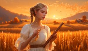  A woman stands on a farm, wearing a white blouse with delicate lace detailing. She has  two pigtails, holding a wooden flute in her hands. On a golden-orange autumn evening, out in the fields, whose brown, golden grain is about to be harvested., 1girl, twin braids,(masterpiece:1.3), (best quality:1.3), official art, Super Detailed, High Detail, Soft Lighting, 8K, High Resolution, High Detail Skin, Perfect Skin, RAM Photo, Real Photo,