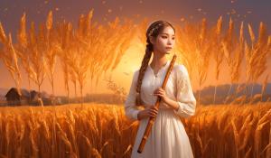  A woman stands on a farm, wearing a white blouse with delicate lace detailing. She has  two pigtails, holding a wooden flute in her hands. On a golden-orange autumn evening, out in the fields, whose brown, golden grain is about to be harvested., 1girl, twin braids,(masterpiece:1.3), (best quality:1.3), official art, Super Detailed, High Detail, Soft Lighting, 8K, High Resolution, High Detail Skin, Perfect Skin, RAM Photo, Real Photo,