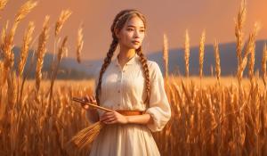  A woman stands on a farm, wearing a white blouse with delicate lace detailing. She has  two pigtails, holding a wooden flute in her hands. On a golden-orange autumn evening, out in the fields, whose brown, golden grain is about to be harvested., 1girl, twin braids,(masterpiece:1.3), (best quality:1.3), official art, Super Detailed, High Detail, Soft Lighting, 8K, High Resolution, High Detail Skin, Perfect Skin, RAM Photo, Real Photo,