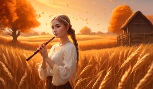  A woman stands on a farm, wearing a white blouse with delicate lace detailing. She has  two pigtails, holding a wooden flute in her hands. On a golden-orange autumn evening, out in the fields, whose brown, golden grain is about to be harvested., 1girl, twin braids,(masterpiece:1.3), (best quality:1.3), official art, Super Detailed, High Detail, Soft Lighting, 8K, High Resolution, High Detail Skin, Perfect Skin, RAM Photo, Real Photo,