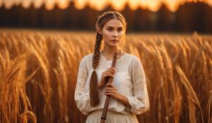  A woman stands on a farm, wearing a white blouse with delicate lace detailing. She has  two pigtails, holding a wooden flute in her hands. On a golden-orange autumn evening, out in the fields, whose brown, golden grain is about to be harvested., 1girl, twin braids,(masterpiece:1.3), (best quality:1.3), official art, Super Detailed, High Detail, Soft Lighting, 8K, High Resolution, High Detail Skin, Perfect Skin, RAM Photo, Real Photo,