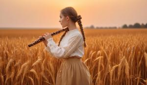  A woman stands on a farm, wearing a white blouse with delicate lace detailing. She has  two pigtails, holding a wooden flute in her hands. On a golden-orange autumn evening, out in the fields, whose brown, golden grain is about to be harvested., 1girl, twin braids,(masterpiece:1.3), (best quality:1.3), official art, Super Detailed, High Detail, Soft Lighting, 8K, High Resolution, High Detail Skin, Perfect Skin, RAM Photo, Real Photo,