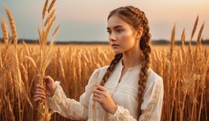  A woman stands on a farm, wearing a white blouse with delicate lace detailing. She has  two pigtails, holding a wooden flute in her hands. On a golden-orange autumn evening, out in the fields, whose brown, golden grain is about to be harvested., 1girl, twin braids,(masterpiece:1.3), (best quality:1.3), official art, Super Detailed, High Detail, Soft Lighting, 8K, High Resolution, High Detail Skin, Perfect Skin, RAM Photo, Real Photo,