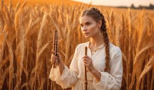  A woman stands on a farm, wearing a white blouse with delicate lace detailing. She has  two pigtails, holding a wooden flute in her hands. On a golden-orange autumn evening, out in the fields, whose brown, golden grain is about to be harvested., 1girl, twin braids,(masterpiece:1.3), (best quality:1.3), official art, Super Detailed, High Detail, Soft Lighting, 8K, High Resolution, High Detail Skin, Perfect Skin, RAM Photo, Real Photo,