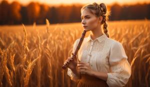  A woman stands on a farm, wearing a white blouse with delicate lace detailing. She has  two pigtails, holding a wooden flute in her hands. On a golden-orange autumn evening, out in the fields, whose brown, golden grain is about to be harvested., 1girl, twin braids,(masterpiece:1.3), (best quality:1.3), official art, Super Detailed, High Detail, Soft Lighting, 8K, High Resolution, High Detail Skin, Perfect Skin, RAM Photo, Real Photo,