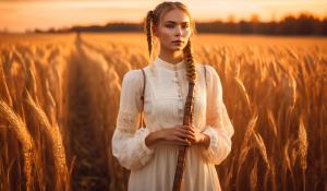  A woman stands on a farm, wearing a white blouse with delicate lace detailing. She has  two pigtails, holding a wooden flute in her hands. On a golden-orange autumn evening, out in the fields, whose brown, golden grain is about to be harvested., 1girl, twin braids,(masterpiece:1.3), (best quality:1.3), official art, Super Detailed, High Detail, Soft Lighting, 8K, High Resolution, High Detail Skin, Perfect Skin, RAM Photo, Real Photo,