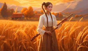  A woman stands on a farm, wearing a white blouse with delicate lace detailing. She has  two pigtails, holding a wooden flute in her hands. On a golden-orange autumn evening, out in the fields, whose brown, golden grain is about to be harvested., 1girl, twin braids,(masterpiece:1.3), (best quality:1.3), official art, Super Detailed, High Detail, Soft Lighting, 8K, High Resolution, High Detail Skin, Perfect Skin, RAM Photo, Real Photo,