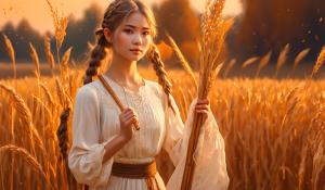  A woman stands on a farm, wearing a white blouse with delicate lace detailing. She has  two pigtails, holding a wooden flute in her hands. On a golden-orange autumn evening, out in the fields, whose brown, golden grain is about to be harvested., 1girl, twin braids,(masterpiece:1.3), (best quality:1.3), official art, Super Detailed, High Detail, Soft Lighting, 8K, High Resolution, High Detail Skin, Perfect Skin, RAM Photo, Real Photo,