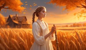  A woman stands on a farm, wearing a white blouse with delicate lace detailing. She has  two pigtails, holding a wooden flute in her hands. On a golden-orange autumn evening, out in the fields, whose brown, golden grain is about to be harvested., 1girl, twin braids,(masterpiece:1.3), (best quality:1.3), official art, Super Detailed, High Detail, Soft Lighting, 8K, High Resolution, High Detail Skin, Perfect Skin, RAM Photo, Real Photo,