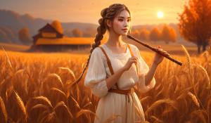  A woman stands on a farm, wearing a white blouse with delicate lace detailing. She has  two pigtails, holding a wooden flute in her hands. On a golden-orange autumn evening, out in the fields, whose brown, golden grain is about to be harvested., 1girl, twin braids,(masterpiece:1.3), (best quality:1.3), official art, Super Detailed, High Detail, Soft Lighting, 8K, High Resolution, High Detail Skin, Perfect Skin, RAM Photo, Real Photo,