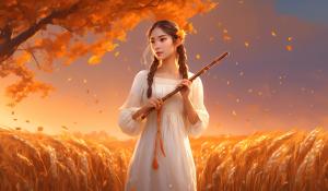  A woman stands on a farm, wearing a white blouse with delicate lace detailing. She has  two pigtails, holding a wooden flute in her hands. On a golden-orange autumn evening, out in the fields, whose brown, golden grain is about to be harvested., 1girl, twin braids,(masterpiece:1.3), (best quality:1.3), official art, Super Detailed, High Detail, Soft Lighting, 8K, High Resolution, High Detail Skin, Perfect Skin, RAM Photo, Real Photo,