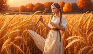  A woman stands on a farm, wearing a white blouse with delicate lace detailing. She has  two pigtails, holding a wooden flute in her hands. On a golden-orange autumn evening, out in the fields, whose brown, golden grain is about to be harvested., 1girl, twin braids,(masterpiece:1.3), (best quality:1.3), official art, Super Detailed, High Detail, Soft Lighting, 8K, High Resolution, High Detail Skin, Perfect Skin, RAM Photo, Real Photo,