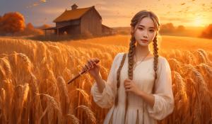  A woman stands on a farm, wearing a white blouse with delicate lace detailing. She has  two pigtails, holding a wooden flute in her hands. On a golden-orange autumn evening, out in the fields, whose brown, golden grain is about to be harvested., 1girl, twin braids,(masterpiece:1.3), (best quality:1.3), official art, Super Detailed, High Detail, Soft Lighting, 8K, High Resolution, High Detail Skin, Perfect Skin, RAM Photo, Real Photo,