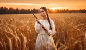  A woman stands on a farm, wearing a white blouse with delicate lace detailing. She has  two pigtails, holding a wooden flute in her hands. On a golden-orange autumn evening, out in the fields, whose brown, golden grain is about to be harvested., 1girl, twin braids,(masterpiece:1.3), (best quality:1.3), official art, Super Detailed, High Detail, Soft Lighting, 8K, High Resolution, High Detail Skin, Perfect Skin, RAM Photo, Real Photo,