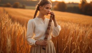  A woman stands on a farm, wearing a white blouse with delicate lace detailing. She has  two pigtails, holding a wooden flute in her hands. On a golden-orange autumn evening, out in the fields, whose brown, golden grain is about to be harvested., 1girl, twin braids,(masterpiece:1.3), (best quality:1.3), official art, Super Detailed, High Detail, Soft Lighting, 8K, High Resolution, High Detail Skin, Perfect Skin, RAM Photo, Real Photo,