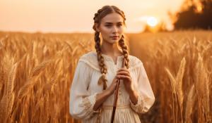  A woman stands on a farm, wearing a white blouse with delicate lace detailing. She has  two pigtails, holding a wooden flute in her hands. On a golden-orange autumn evening, out in the fields, whose brown, golden grain is about to be harvested., 1girl, twin braids,(masterpiece:1.3), (best quality:1.3), official art, Super Detailed, High Detail, Soft Lighting, 8K, High Resolution, High Detail Skin, Perfect Skin, RAM Photo, Real Photo,