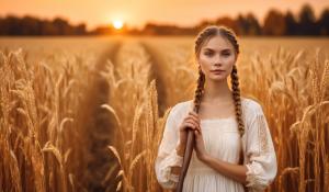  A woman stands on a farm, wearing a white blouse with delicate lace detailing. She has  two pigtails, holding a wooden flute in her hands. On a golden-orange autumn evening, out in the fields, whose brown, golden grain is about to be harvested., 1girl, twin braids,(masterpiece:1.3), (best quality:1.3), official art, Super Detailed, High Detail, Soft Lighting, 8K, High Resolution, High Detail Skin, Perfect Skin, RAM Photo, Real Photo,