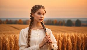  A woman stands on a farm, wearing a white blouse with delicate lace detailing. She has  two pigtails, holding a wooden flute in her hands. On a golden-orange autumn evening, out in the fields, whose brown, golden grain is about to be harvested., 1girl, twin braids,(masterpiece:1.3), (best quality:1.3), official art, Super Detailed, High Detail, Soft Lighting, 8K, High Resolution, High Detail Skin, Perfect Skin, RAM Photo, Real Photo,