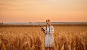  A woman stands on a farm, wearing a white blouse with delicate lace detailing. She has  two pigtails, holding a wooden flute in her hands. On a golden-orange autumn evening, out in the fields, whose brown, golden grain is about to be harvested., 1girl, twin braids,(masterpiece:1.3), (best quality:1.3), official art, Super Detailed, High Detail, Soft Lighting, 8K, High Resolution, High Detail Skin, Perfect Skin, RAM Photo, Real Photo,