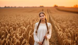  A woman stands on a farm, wearing a white blouse with delicate lace detailing. She has  two pigtails, holding a wooden flute in her hands. On a golden-orange autumn evening, out in the fields, whose brown, golden grain is about to be harvested., 1girl, twin braids,(masterpiece:1.3), (best quality:1.3), official art, Super Detailed, High Detail, Soft Lighting, 8K, High Resolution, High Detail Skin, Perfect Skin, RAM Photo, Real Photo,