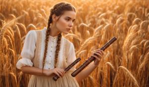  A woman stands on a farm, wearing a white blouse with delicate lace detailing. She has  two pigtails, holding a wooden flute in her hands. On a golden-orange autumn evening, out in the fields, whose brown, golden grain is about to be harvested., 1girl, twin braids,(masterpiece:1.3), (best quality:1.3), official art, Super Detailed, High Detail, Soft Lighting, 8K, High Resolution, High Detail Skin, Perfect Skin, RAM Photo, Real Photo,