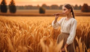  A woman stands on a farm, wearing a white blouse with delicate lace detailing. She has  two pigtails, holding a wooden flute in her hands. On a golden-orange autumn evening, out in the fields, whose brown, golden grain is about to be harvested., 1girl, twin braids,(masterpiece:1.3), (best quality:1.3), official art, Super Detailed, High Detail, Soft Lighting, 8K, High Resolution, High Detail Skin, Perfect Skin, RAM Photo, Real Photo,