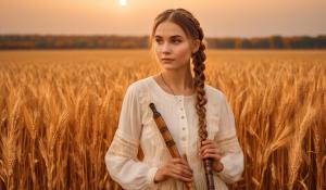  A woman stands on a farm, wearing a white blouse with delicate lace detailing. She has  two pigtails, holding a wooden flute in her hands. On a golden-orange autumn evening, out in the fields, whose brown, golden grain is about to be harvested., 1girl, twin braids,(masterpiece:1.3), (best quality:1.3), official art, Super Detailed, High Detail, Soft Lighting, 8K, High Resolution, High Detail Skin, Perfect Skin, RAM Photo, Real Photo,