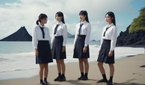 A group of adult Japanese girls in school uniforms with white blouses stand desperately close together with a stewardess on the beach of a lonely volcanic island.