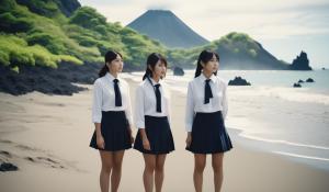 A group of adult Japanese girls in school uniforms with white blouses stand desperately close together with a stewardess on the beach of a lonely volcanic island.